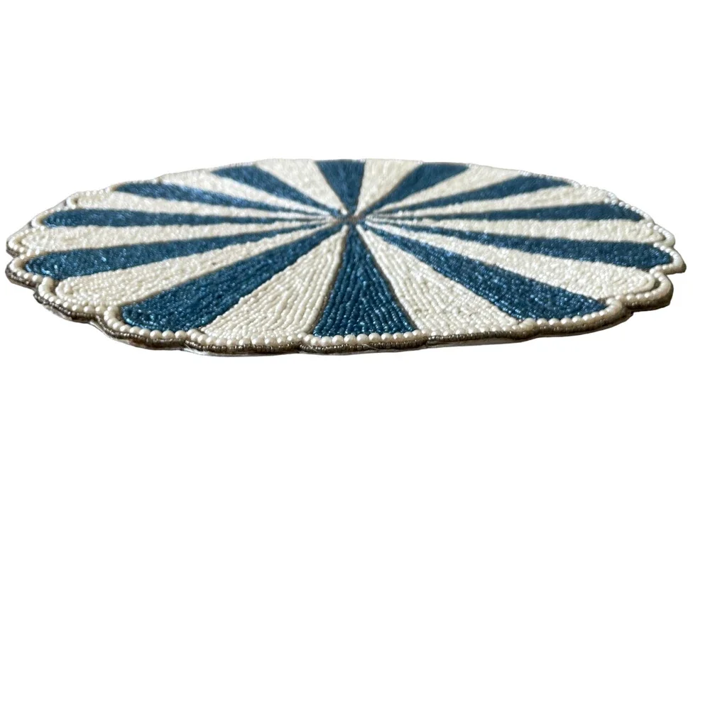 Tiramisu Hand Glass Beaded Placemat Charger Round Scalloped Edge Blue Cream NEW
